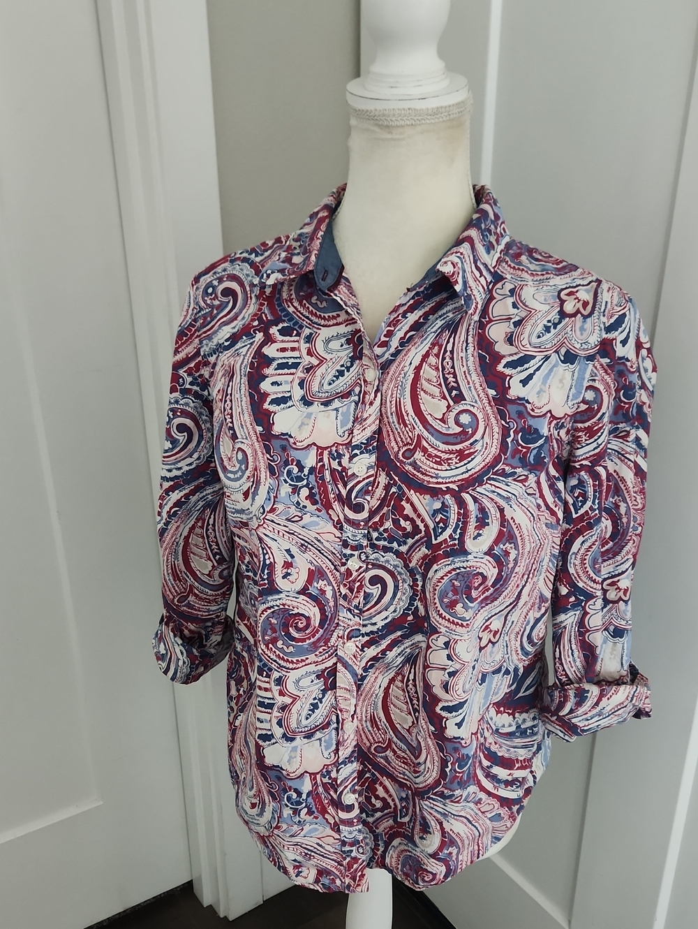 Charter Club Womens  Blue Red White Paisley Print Button-Up LS Shirt 10P